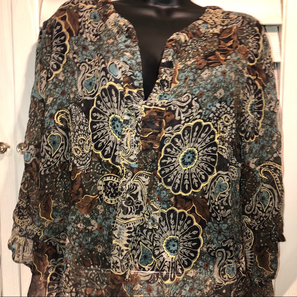 Charter Club Brown print long sleeve 100% silk